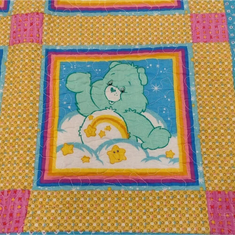 Handmade Care Bears Baby Crib Quilt Lap Blanket Wall Hanger Multi Color 43 X 32